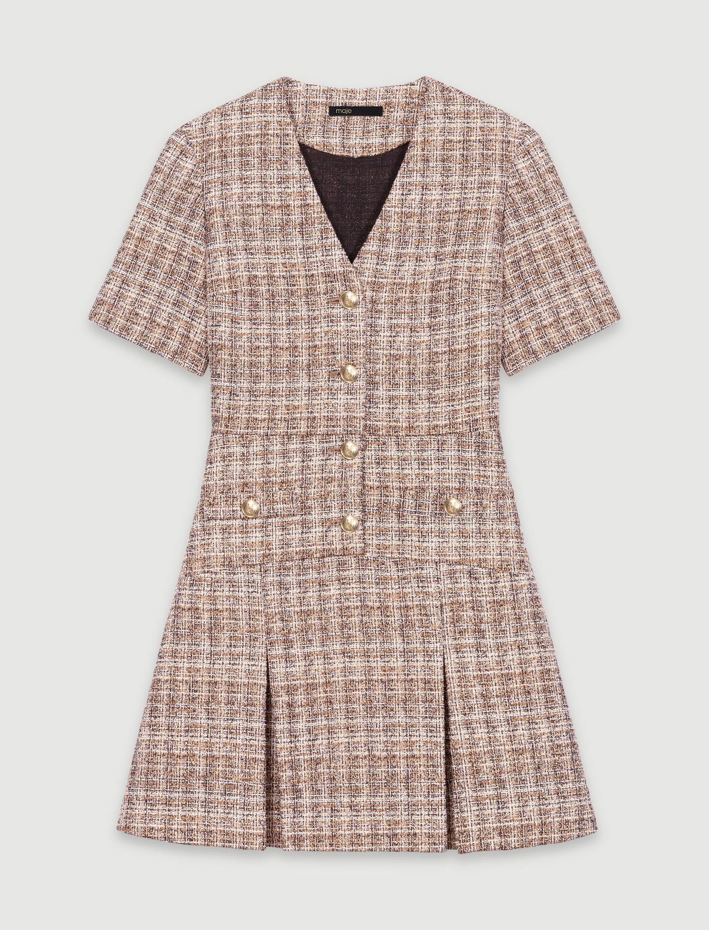 Đầm ngắn tweed kẻ cổ V